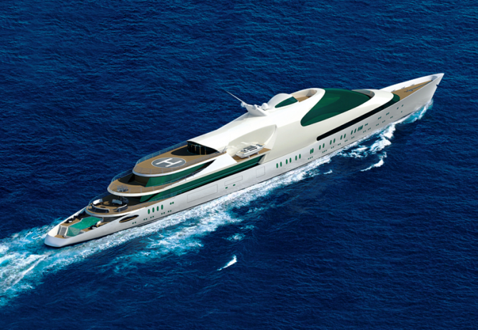 A SWIFT141 Yacht Rednering - From above and to aft. SWIFT141 Superyacht Rednering