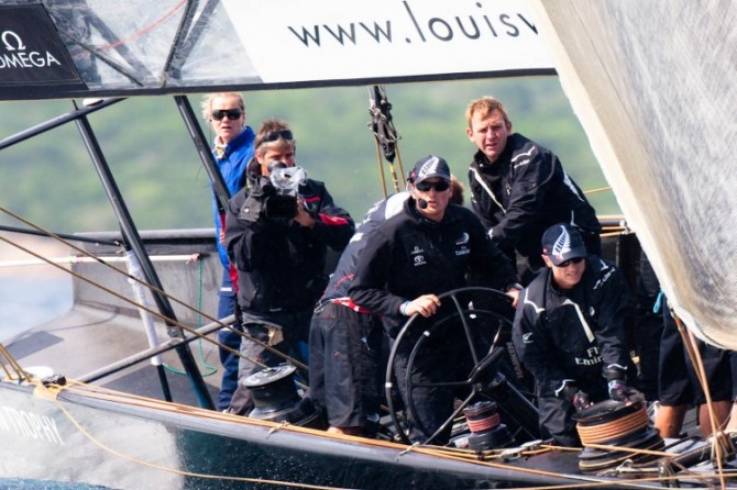 Louis Vuitton Trophy: Dean Barker at the helm of Emirates Team New Zealand (NZL), Photo Credit  Bob Grieser