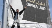 Sidney Gavignet (FRA) celebrates breaking the Round Britain and Ireland Record onboard Oman Air Majan Photo Credit Mark Lloyd