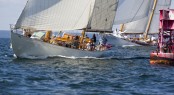 Classic sailing beauties Sumurun and Whitehawk battle their way to the mark. Photo Billy Black
