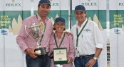 Line Honours Prizegiving Ceremony From L-R Mark Richards, skipper of WILD OATS XI, Adrienne Cahalan, co-navigator of WILD OATS, and Patrick Boutellier, Rolex Australia Photo credit Rolex  Carlo Borlenghi