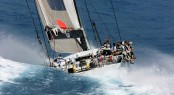 ICAP Leopard (shown at start) sailed the majority of the Transatlantic Race 2011 with a broken bow sprit.  It has now finished. (photo credit TR2011Billy Black)