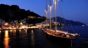 Classic Sailing Schooner ATLANTIC anchored off the Stromboli volcano