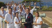 Skipper Chris Austin, Alessandra Gucci, Philippe Schaeffer, Director of Rolex France, Allegra Gucci, (front row L-R) and the team of AVEL, winner of the Rolex Trophy Photo By Rolex  Carlo Borlenghi