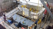 Superyacht Audacia swim platform being lowered - Image courtesy of Pendennis Shipyard UK