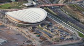 Plympic Park. Aerial view of the Velodrome and the BMX track. Photo by Anthony Charlton