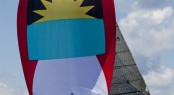 Flying the Antiguan Flag - Sir Hugh Bailey's famous spinnaker on Hugo Bee. Photo Courtesy of Alan Aflak