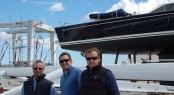 ADP CEO Alfonso de Prada Captain Jonathan Lloyd and VGM General Manager Ignacio Erroz in front of 25m SY Paradis the first ADP project at Vilanova Grand Mar