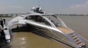 The stern view of the Adastra superyacht at dock