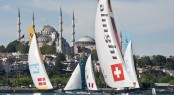 Alinghi in the lead on the downwind leg during racing on Day 1 in Istanbul