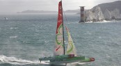 The French Multi 50 trimaran yacht Actual bears off for maximum speed around the Needles, eventually taking line honours in today&acirc;��s J.P. Morgan Asset Management Round the Island Race. Photo: onEdition