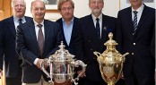 David Pitman (second from left) with Jan Hart  (right) who together secured two unique trophies for the J Class: The Kings Corinthian Cup  and the Hundred Guinea Cup
