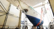Gloria superyacht being hauled out of the Pendennis refit tent