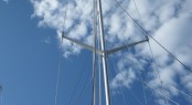 Marine Results personnel work on the gigantic M5 sailing yacht mast.