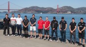 02/10/2012, San Francisco (USA,CA), 34th America's Cup, America's Cup World Series  San Francisco 2012 october - The skippers (l.to r.): Phil Robertson (China Team), Iker Martinez (Luna Rossa Swordfish), Chris Draper (Luna Rossa Piranha), Loick Peyron (Energy Team),  Ben Ainslie (J.P.Morgan BAR),  Nathan Outteridge (Artemis Racing), Terry Hutchinson (Artemis white), Russell Coutts (ORACLE Team USA 5), James Spithill (ORACLE Team USA 4), Peter Burling (Team Korea), Dean Barker (Emirates Team New Zealand)  (C) ACEA 2012: Photo Gilles Martin-Raget