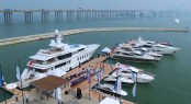 45m Feadship motor yacht Helix anchored in the city of Nansha