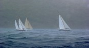 Pewter grey skies and squalls made conditions difficult during the race to decide who will compete against Mariella for  The Inn Challenge Trophy taking place today in Antigua. Left to right: Vagabundo II, Dione and The Blue Peter Credit: Louay Habib/The Inn at English Harbour