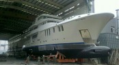 Nordhavn 120 Yacht Aurora being taken out of the shed for test tank