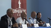 from left) – Regatta Director Iain Murray, ACEA CEO Stephen Barclay, Captain Matt Bliven, US Coast Guard Sector San Francisco, and Captain Thomas Cleary, San Francisco Police Department, address the media at a press conference on May 10, 2013, in San Francisco.