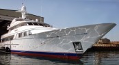 Luxury charter yacht Teleost leaving Pendennis' dry dock to undergo sea trials