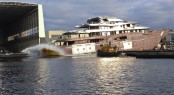 85m Lurssen mega yacht Project Niki sliding down the ways in January 2012