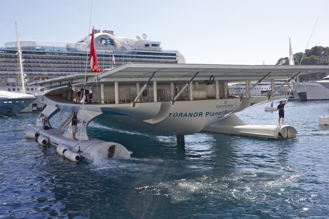 Ms Turanor PlanetSolar departs Monaco September 2010 - Photo courtesy of PlanetSolar