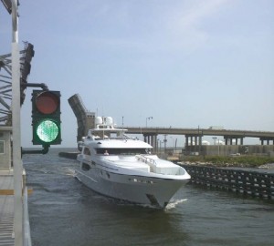 Trinity charter yacht Wheels passing through the new Seabrook Floodgate Complex sector gates