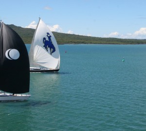 NZ Millennium Cup 2012: Day 1 - Sailing yacht Janice of Wyoming and Eclipse yacht battle it out while dormant volcano, Rangitoto, broods in the background.
Racing from day one of the Millennium Cup, Auckland, New Zealand