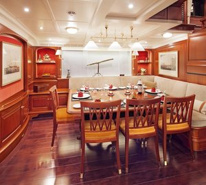 16 Kamaxitha ketch - lower salon and dining area - Photo by Cory Silken