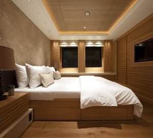 One of the luxurious cabins aboard the Pegaso megayacht