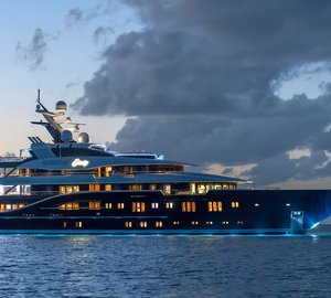 Superyacht Solandge after sunset - Photo by Klaus Jordan