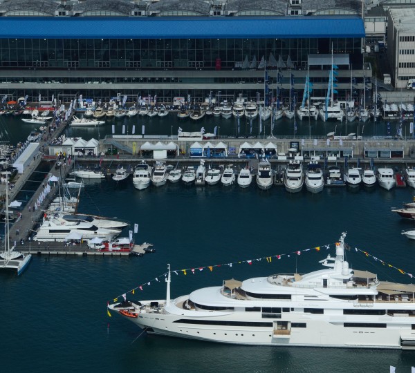 Aerial view of the 2013 Genoa Boat Show with the CRN 129 mega yacht CHOPI CHOPI on display