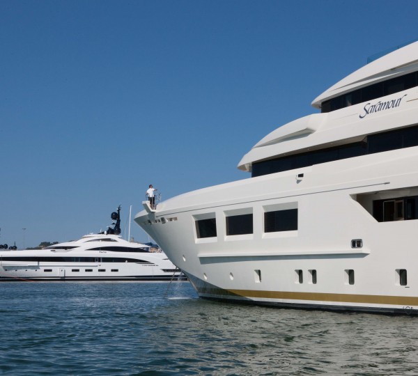 Motor Yacht SARAMOUR with the newly launched Super Yacht YALLA in the background - CRN SHIPYARD