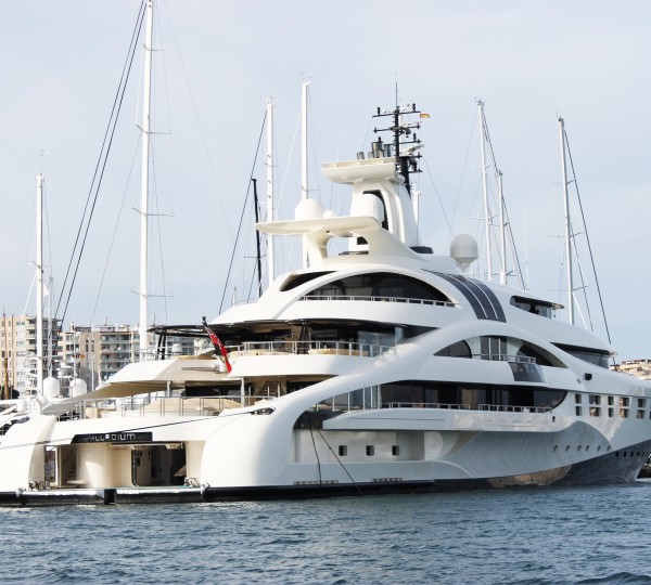 96m mega yacht Palladium by Blohm + Voss moored at Club de Mar Mallorca - a beautiful Mallorca yacht charter destination