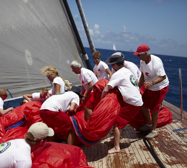 Crew aboard Perini Navi mega yacht SEAHAWK during the St. Barths Bucket Regatta
