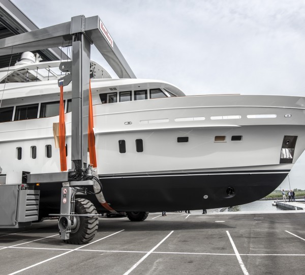 Mulder 94 Voyager superyacht Firefly leaving her shed