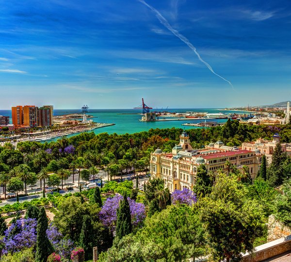 Aerial View Of Malaga From Gibralfaro Castle Including Port Of Malaga, Alcazaba Castle And The Cathedral, Andalucia, Spain
