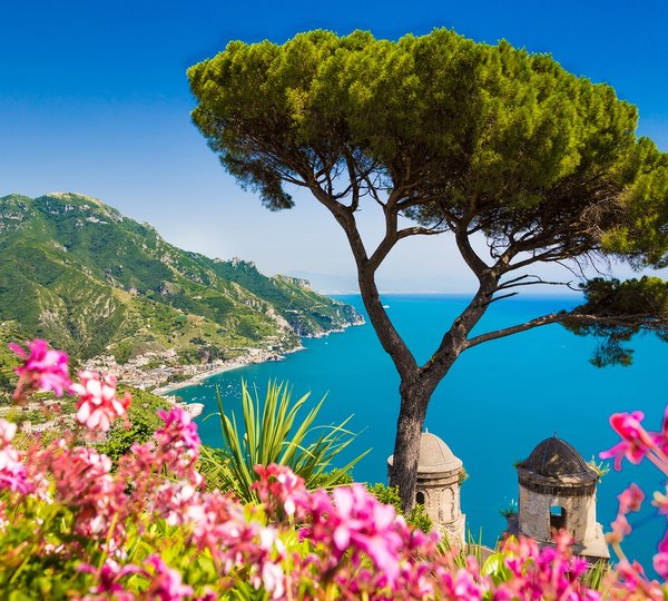 Amalfi Coast With Gulf Of Salerno From Villa Rufolo Gardens In Ravello Campania Italy