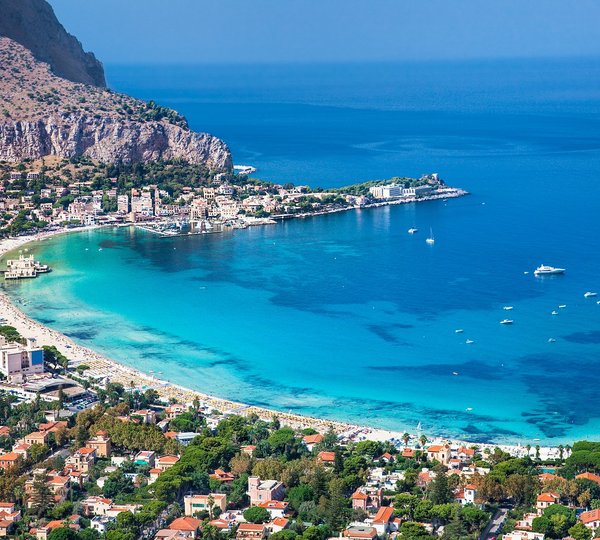 Panoramic View On Mondello Beach With Superyacht In Palermo, Sicily