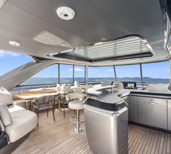 Flybridge view forward to helm station