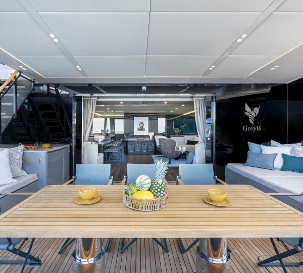 Aft deck dining views forward into the salon