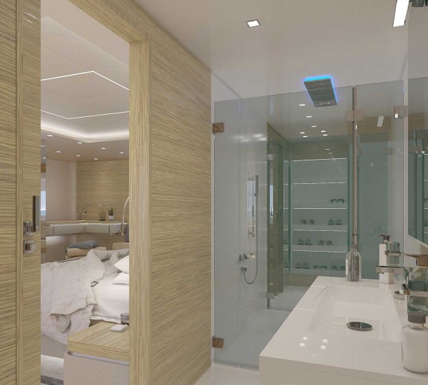 Master ensuite with rain shower and view to closet