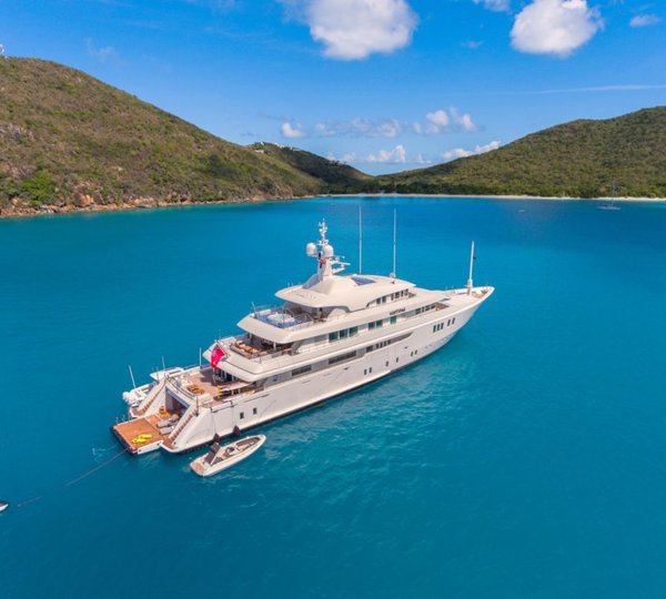 Aerial View Of The Yacht With Open Transom And Beach Club