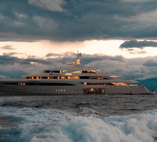 Profile Of Mega Yacht In The Evening