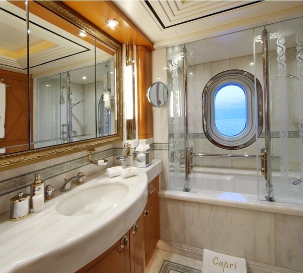 Guest's Twin Bed Bath Aboard Yacht CAPRI