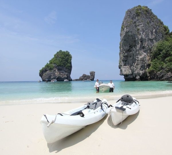 Beach With Kayak Aboard Yacht DOUCE FRANCE