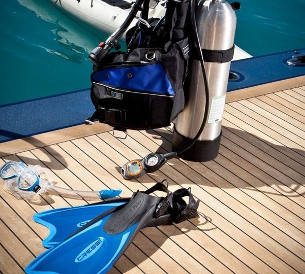 Under Water Scuba Dive Gear Upon Swimming Deck On Yacht AQUILA