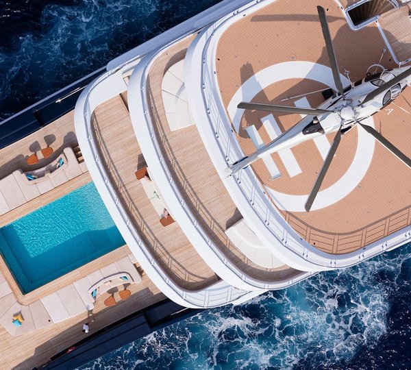 Superyacht Luna by Lloyd Werft Aerial View With Helicopter and Pool