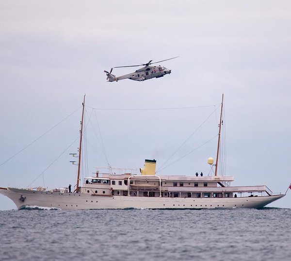 Classic Yacht With Helicopter