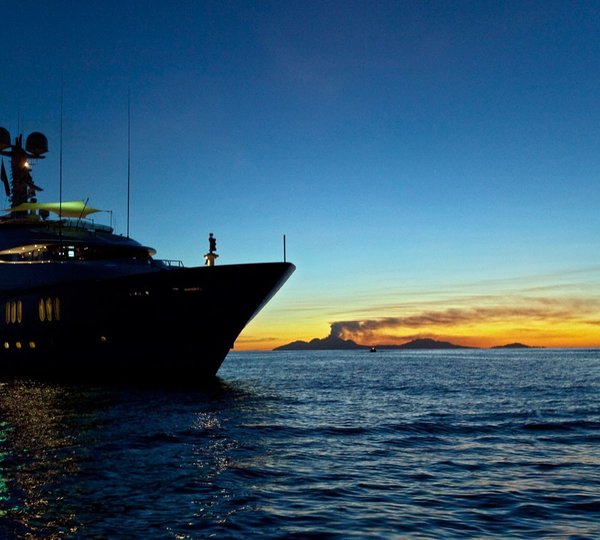 Sunset Dusk: Yacht DIAMOND A's Forward Aspect Captured